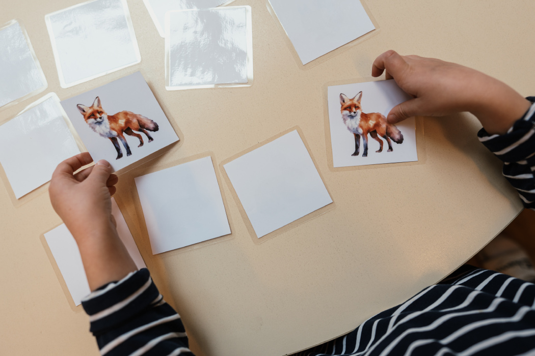 Vaikas žaidžia su kortelėmis